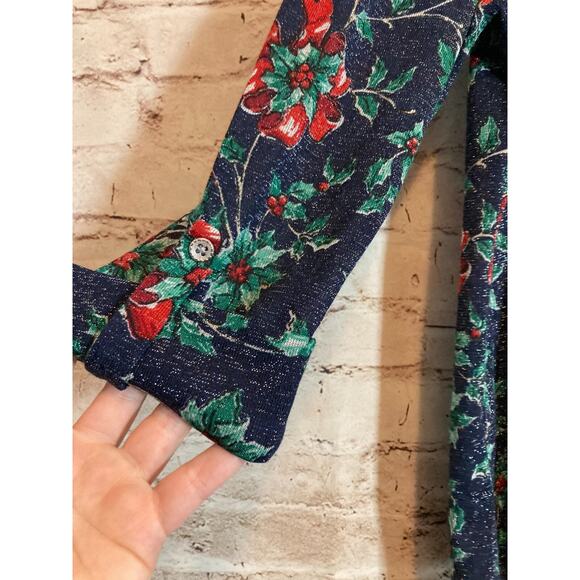 Kim Rogers Popover Top Womens Medium Glitter Holly Christmas Print Roll Tab - Picture 13 of 13